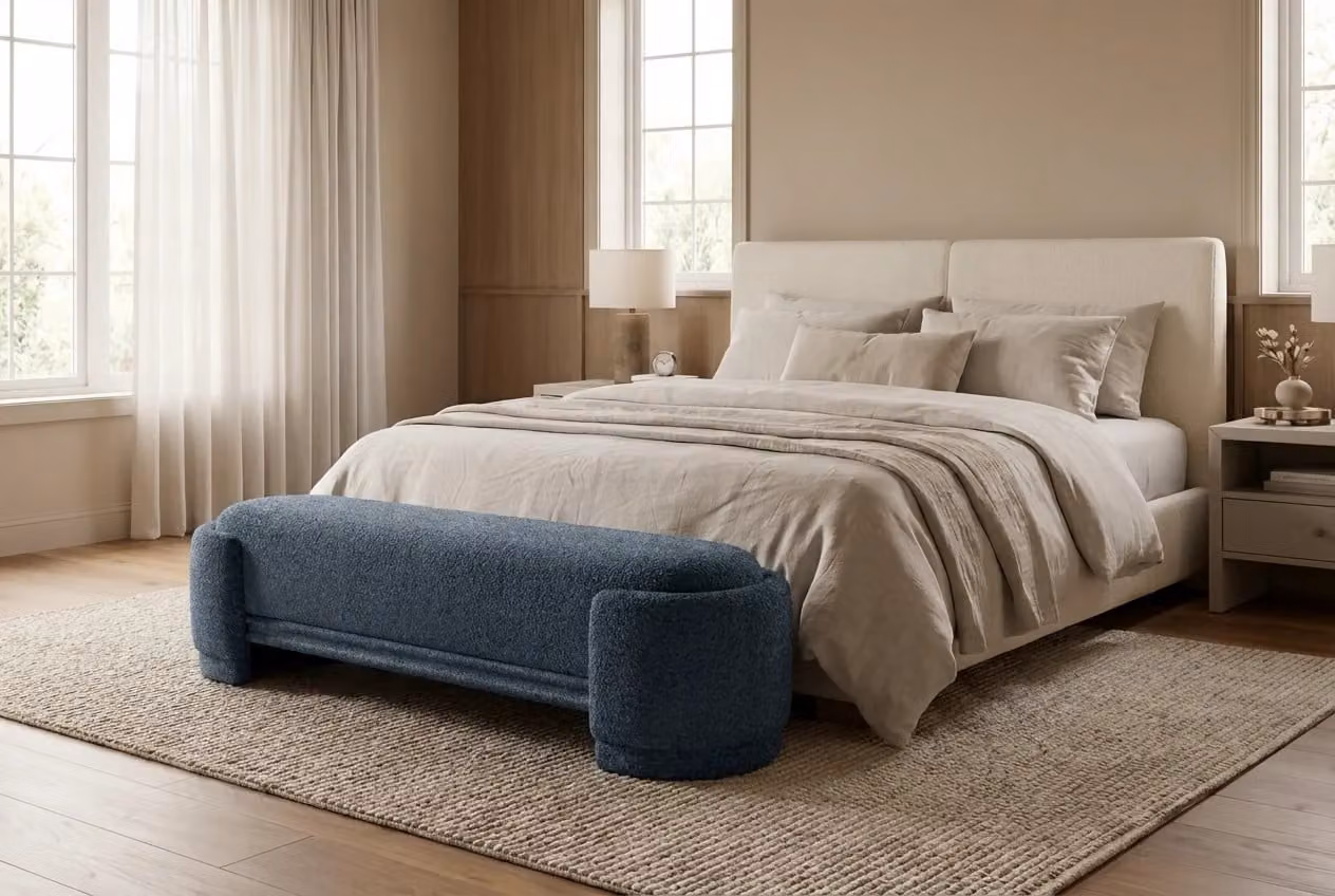 Araco Atelier Luma Bench Spindle in Bouclé Fabric, available in Beige, Grey or Blue