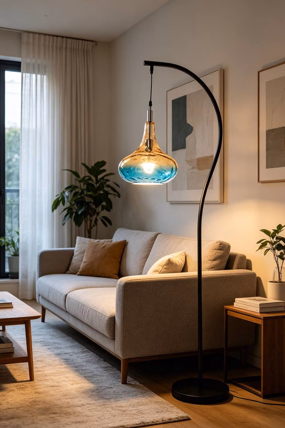 Living and Home Black Arc Floor Lamp with Blue and Amber Gradient Textured Glass Shade – 2