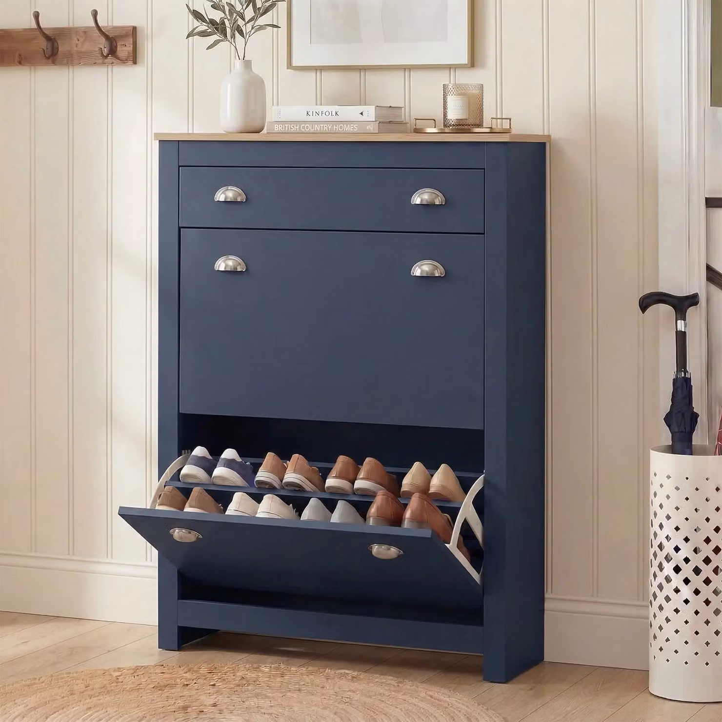 Modern Blue 2 Door Shoe Cabinet with Drawer and Tilting Compartments for Hallway Storage