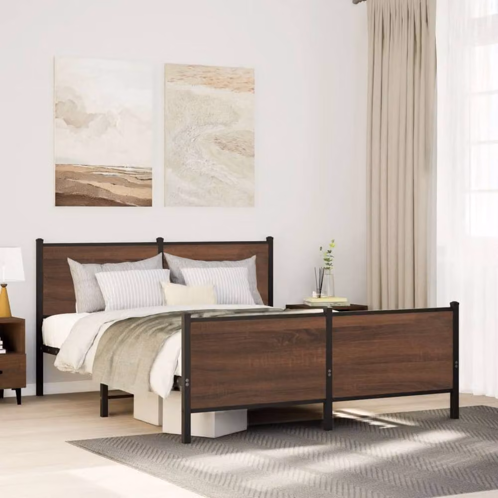 Berkfield Home Metal and Wood Bed Frame in Brown Oak, W/D/H: 140 x 190 x 91.5 cm – 2
