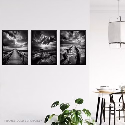 Artery8 Set of 3 Black and White Atmospheric Clouds and Coastal Landscape Paper Poster Prints, W: 21.0 cm, H: 29.7 cm – 3