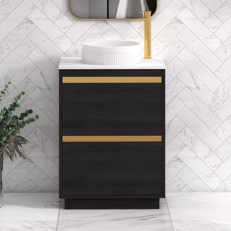 Royal Bathrooms Orion 800mm Hale Black Floor Standing Vanity Unit with Carrara White Countertop, 2 Drawers, Round Basin and Brushed Brass Accent Trim