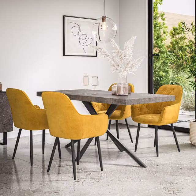 More4Homes Donni Dining Table and Anika Velvet Dining Chair Set of 6, Concrete Effect Top with Black Legs and Mustard Yellow Chairs – 1