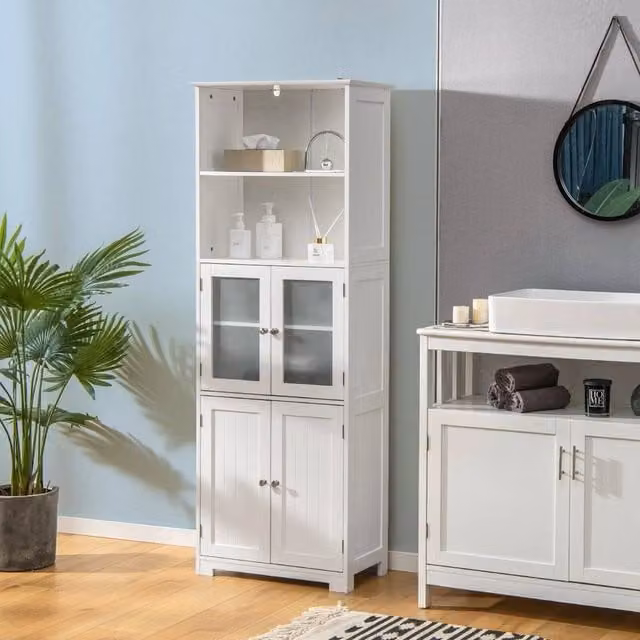 EONLION White Lacquered Wood Tall Freestanding Storage Cabinet with 2 Hinged Doors, H 163 cm x W 100 cm x D 40 cm – 1
