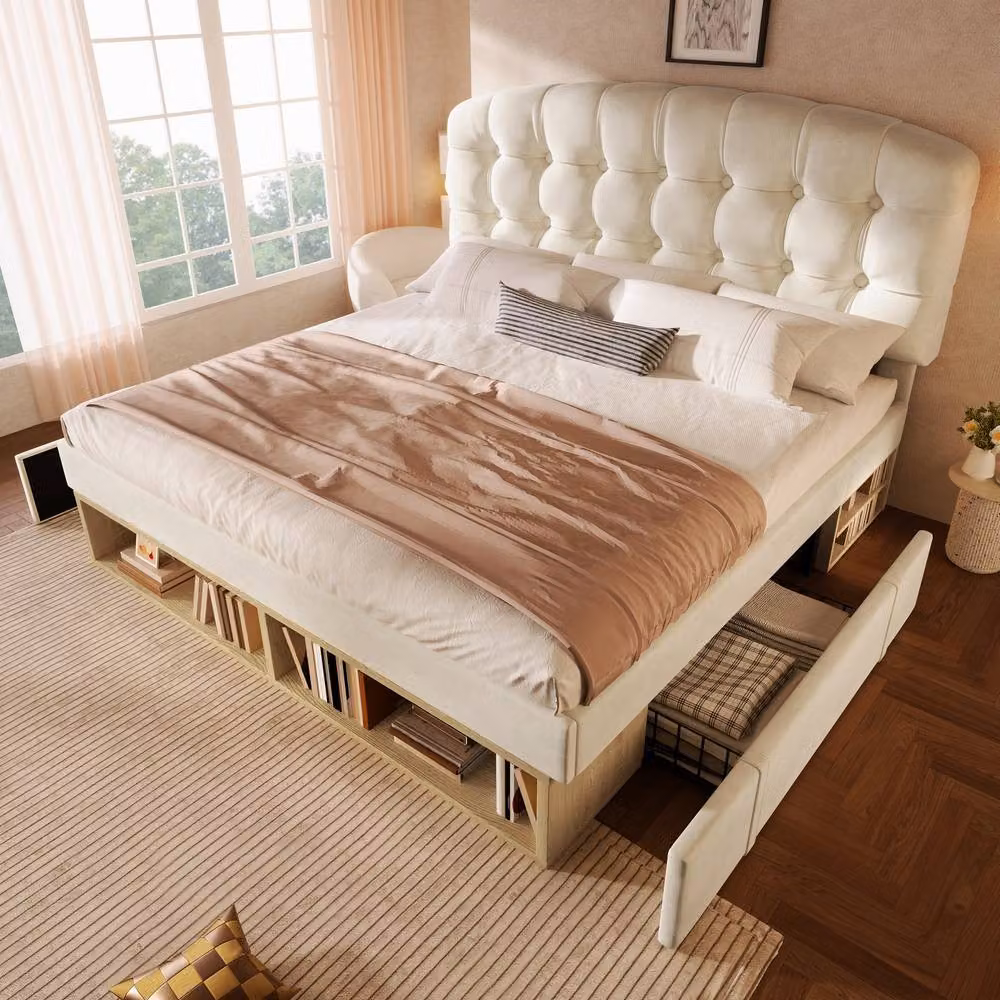 Rolipo Beige Velvet Upholstered 5ft King Size Bed with Storage Drawers, W/D/H: 180 x 200 cm – 6