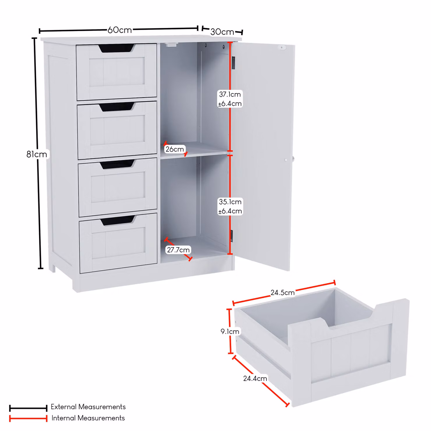 Home Discount Bath Vida Priano Freestanding Bathroom Storage Unit with 4 Drawers and 1 Door, White, H 81.0 cm x W 60.0 cm x D 30.0 cm – 2
