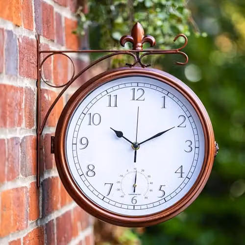 Garden Gear Wyevale Double-Sided Analog Station Wall Clock with Thermometer, Copper and Bronze Fleur-De-Lis Design, Powder-Coated Steel, W/D/H: 30 x 9.5 x 34 cm – 2