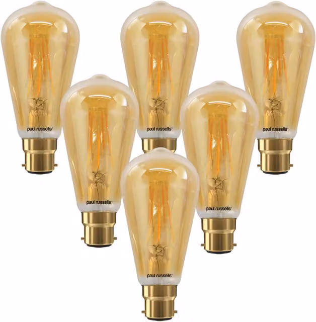 Paul Russells 7W ST64 LED Filament Bulb, B22, 725lm, 2200K Extra Warm White, Dimmable, Pack of 6