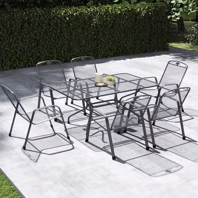 Pacific Lifestyle Savoy Outdoor Dining Set for 6, Grey Powder Coated Steel Rectangular Table and Chairs