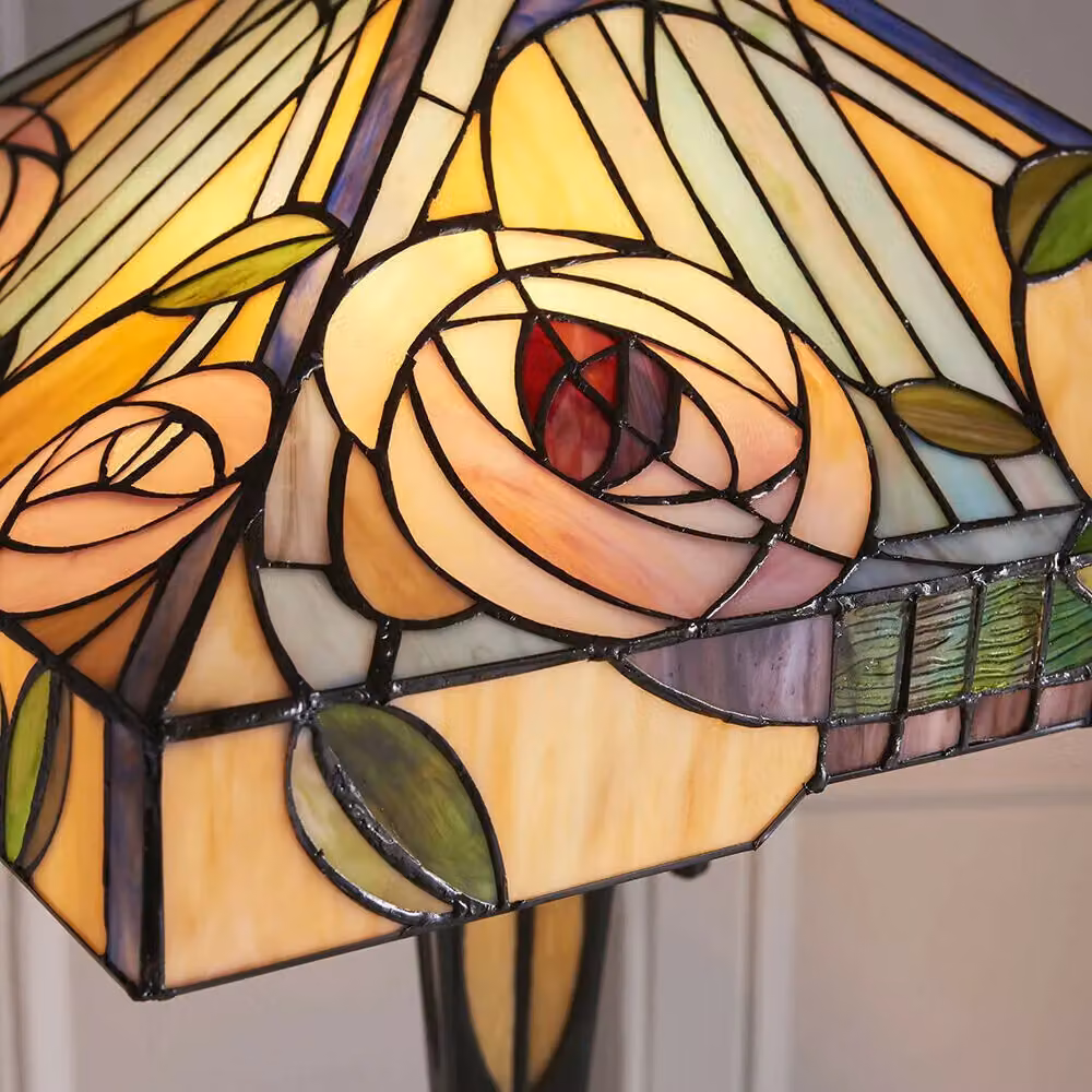 Loops Tiffany Twin Floor Lamp in Dark Bronze with Multicolour Stained Glass Rose Shade – 2