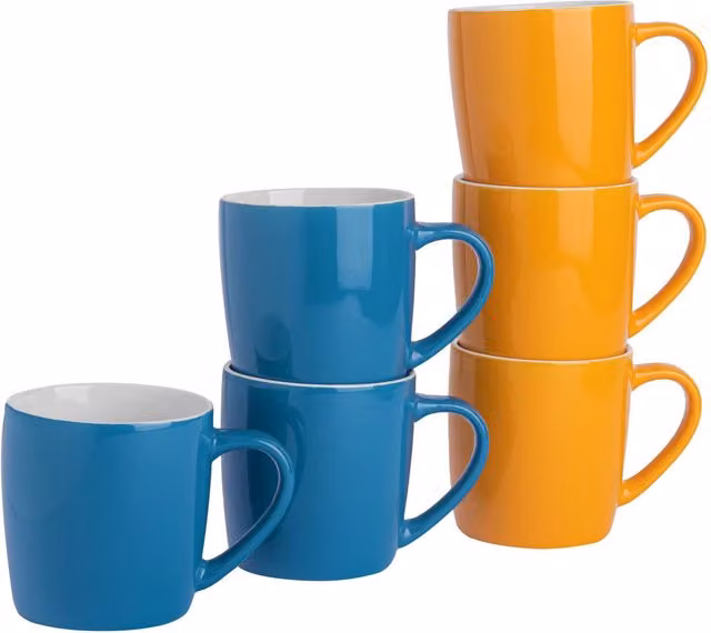 Argon Tableware Set of 6 Two-Tone Stoneware Coffee Mugs, Blue and Yellow, 350ml