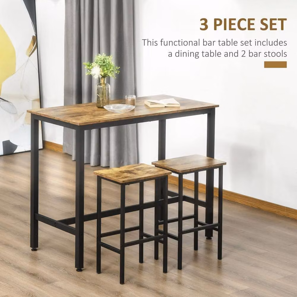 Wyld Haus Nofi 3 Piece Industrial Bar Dining Set in Brown and Black with Metal and Wood Table and 2 Stools – 5