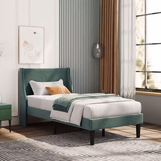 Matteo Luxurious Velvet Single Bed with Winged Headboard and Wood Slat Support, Dark Green and Beige, W/D/H: 90 x 190 cm