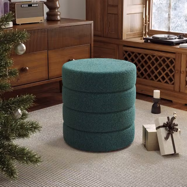 Livingandhome Green Bouclé Round Upholstered Cylindrical Footstool