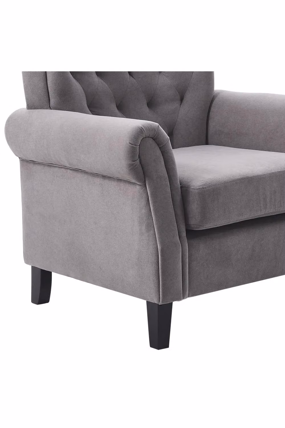 Living and Home Grey Velvet Tufted Wingback Armchair with Oak Wood Frame – 3