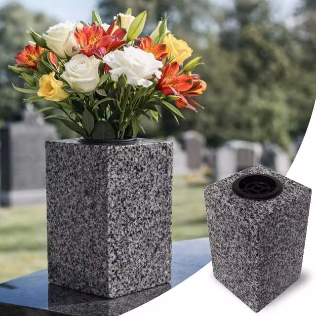 Novecrafto Classic Square Granite Memorial Vase in Grey and Black Stone for Cemetery or Garden – 1