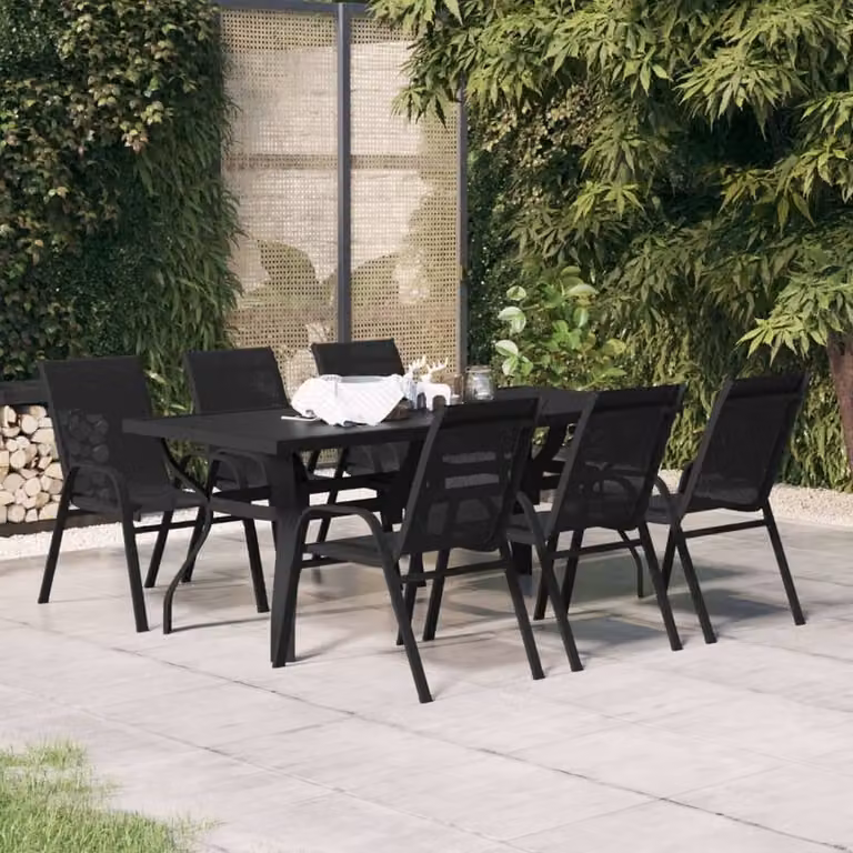 Berkfield Home Elegant 7 Piece Garden Dining Set in Black Metal and Glass