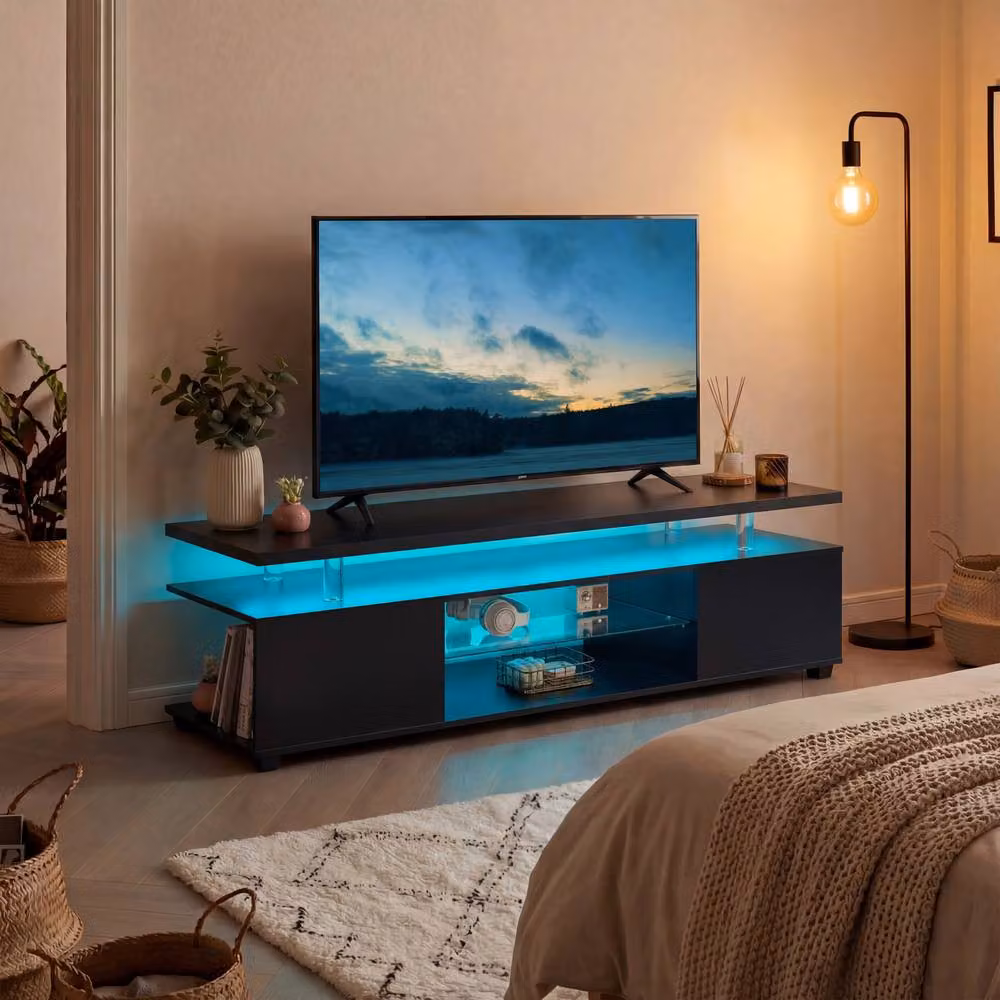 Matteo Black LED TV Stand with Integrated Lighting and Media Compartments – 3