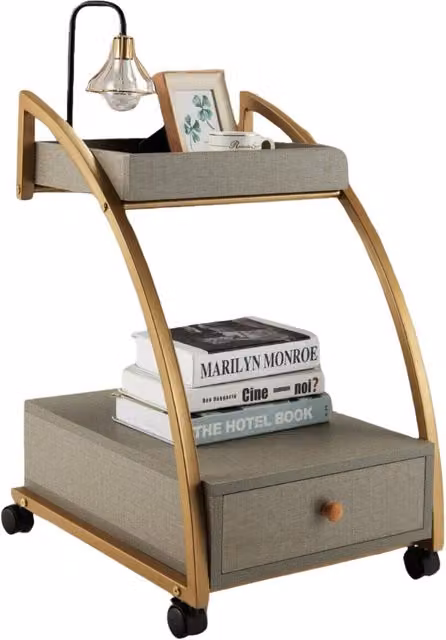 Pirlo Plush Rolling Bedside Table with Drawer in Gold