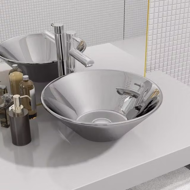 Berkfield Home Ceramic Round Countertop Wash Basin, Silver, W: 42 cm, D: 14 cm – 1