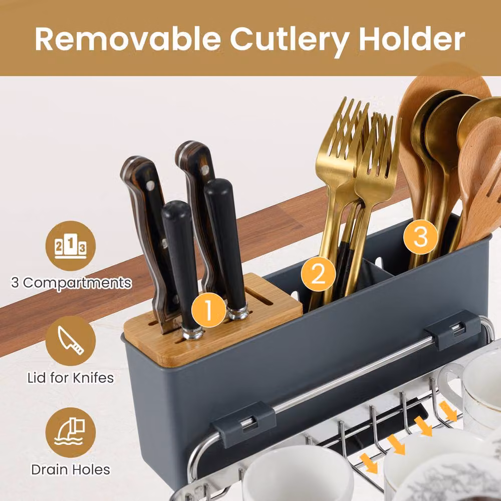 Costway 2-Tier Stainless Steel Dish Drying Rack with Cutlery Holder and Drip Tray in Silver and Multicolour – 5