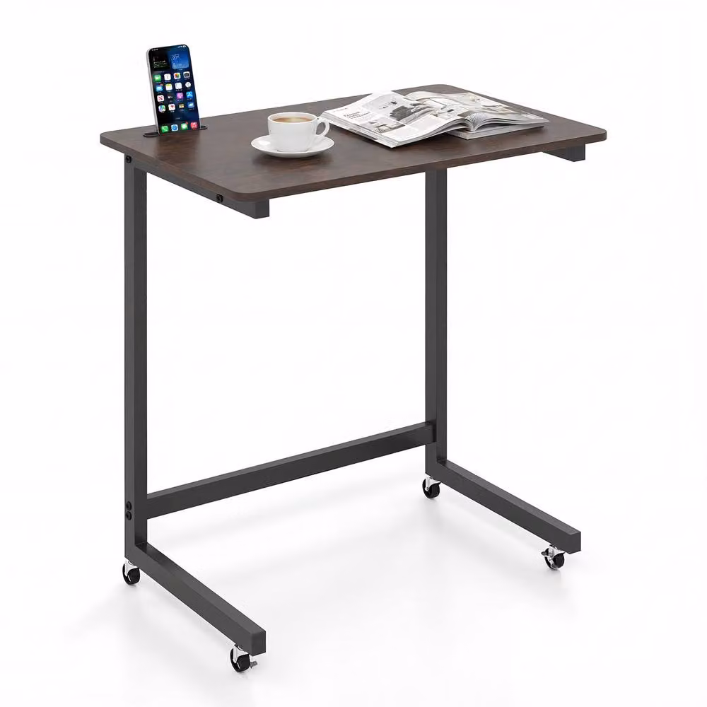 Costway C-shaped Mobile Bedside Table with Wheels and Built-in Phone Slot in Brown – 2
