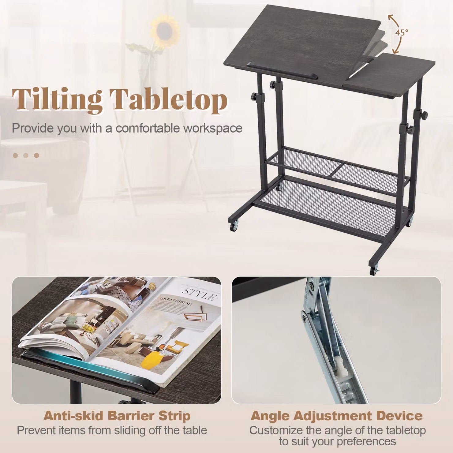 Costway Height Adjustable Mobile Sit Stand Desk with Tilting Top and Castors in Black – 5