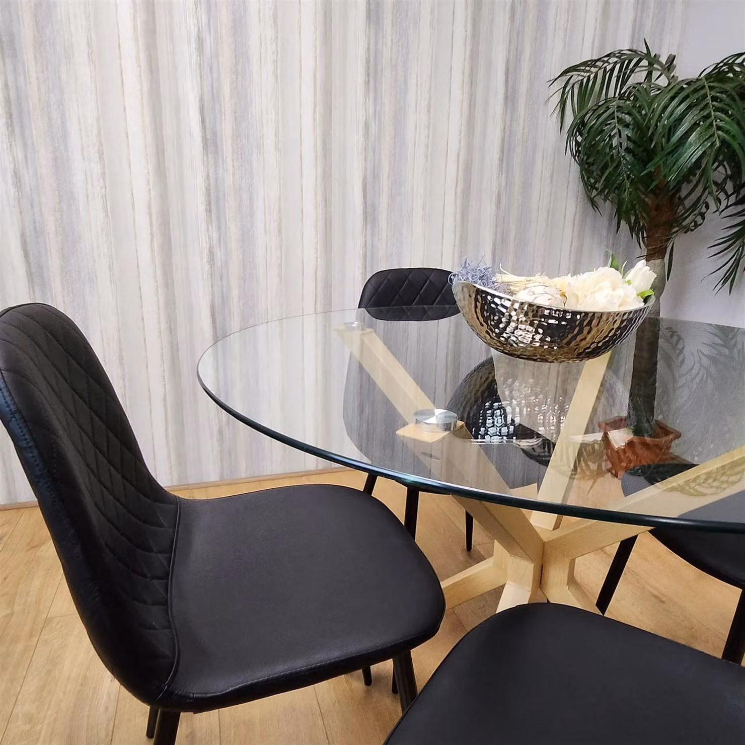Kosy Koala Round Glass Dining Table Set with 4 Black Gem Pattern Chairs in Clear and Black – 7