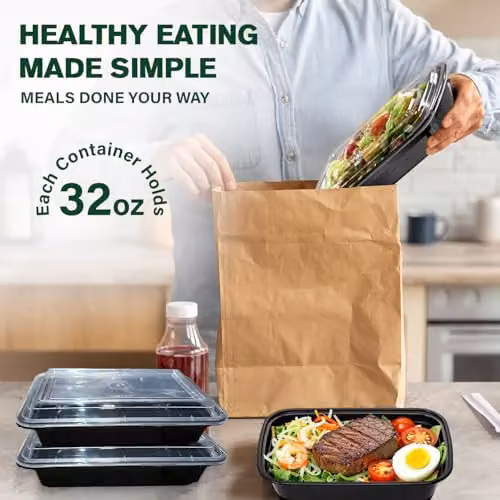 ECONX 30 Pack Black Meal Prep Food Containers with Airtight Lids, 32oz Single Compartment Plastic Lunch Boxes, Leakproof, Microwave and Dishwasher Safe – 5