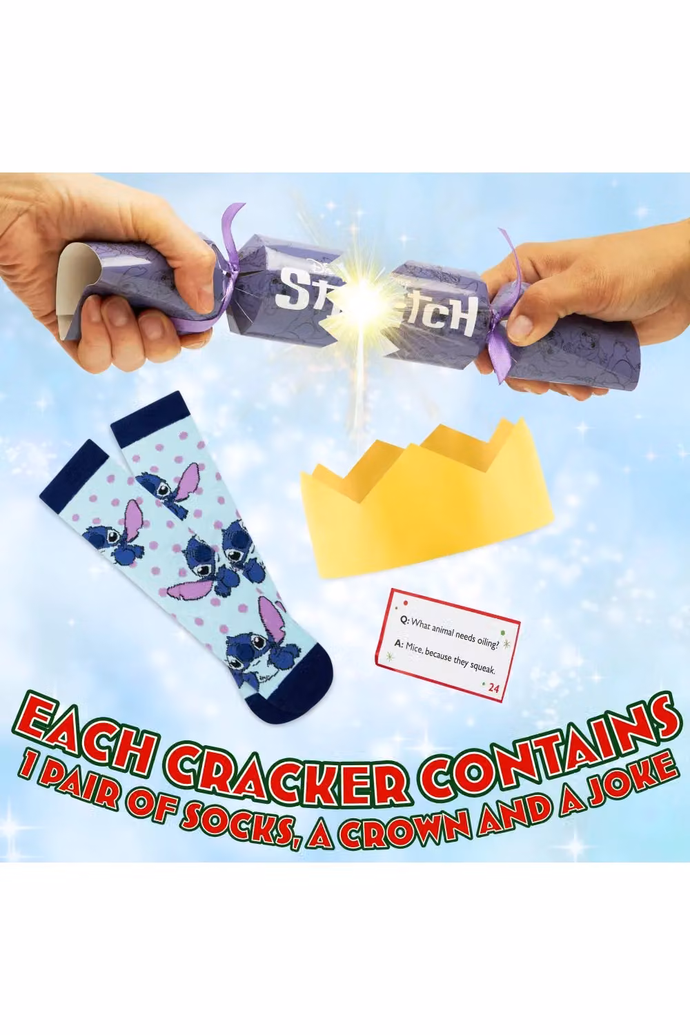 Disney Stitch Luxury Christmas Crackers, Pack of 6 Multicolour Party Crackers with Adult Socks for You – 6
