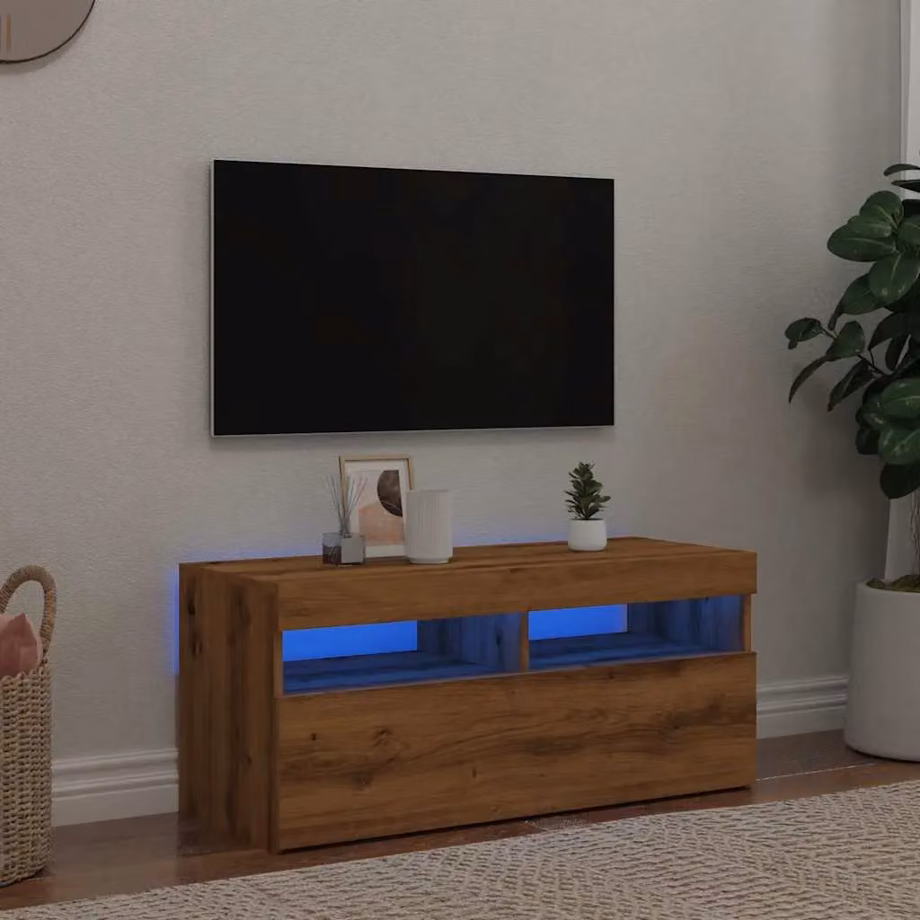 Berkfield Home Artisan Oak TV Cabinet with Integrated LED Lights in Brown, W/D/H: 90 x 35 x 40 cm – 3