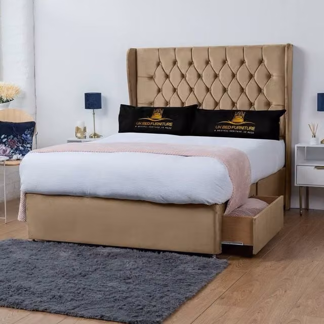 UK Bed Furniture Mary Wingback Divan Bed with 2 Drawers and 54 Inch Headboard in Beige, Double, W/D/H: 140 x 200 cm
