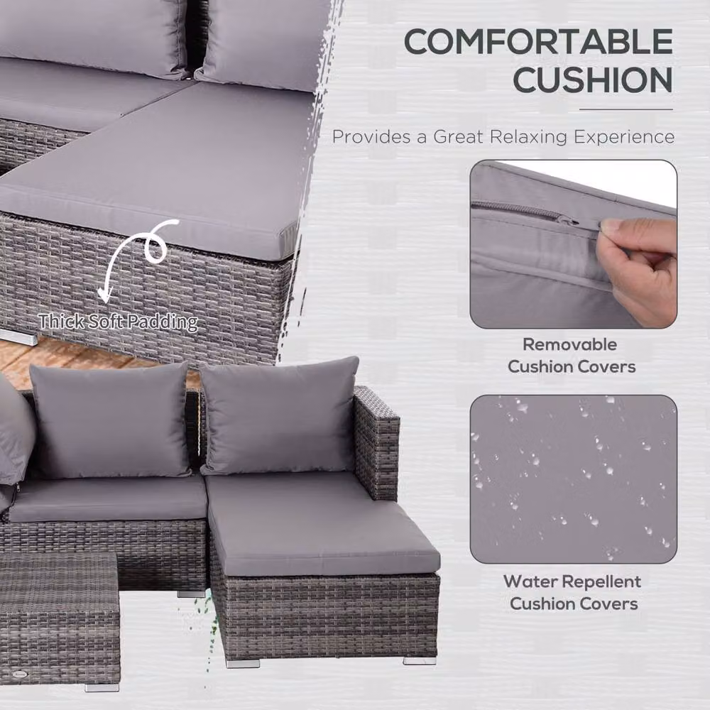 Wyld Haus Sevafa L Shaped Outdoor Corner Sofa Set in Mixed Grey PE Rattan with Cushions – 4