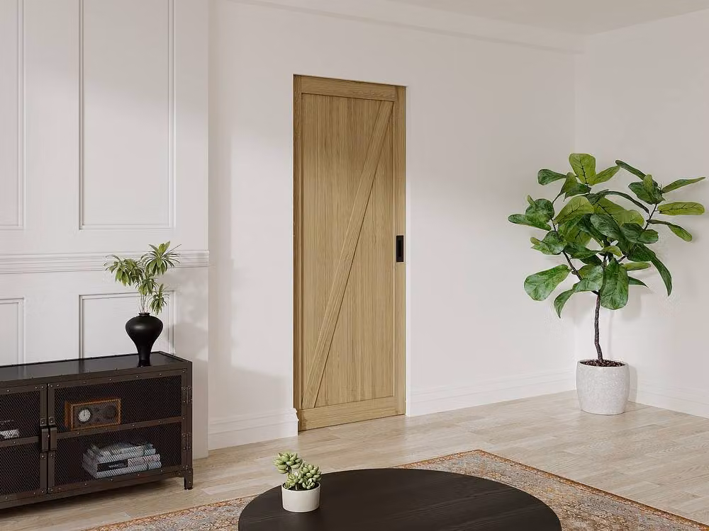 Vente-unique Natural Light Oak Sliding Door with Wood and MDF Construction and Silver Sliding System – 2