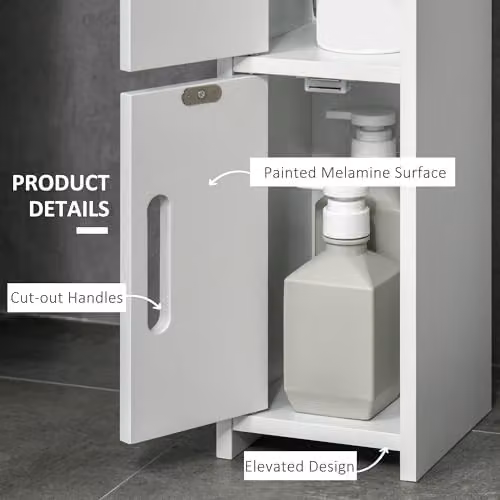 Kleankin Modern Freestanding White Bathroom Storage Cabinet with Open Shelves and 3 Cupboards, H 120 x W 60 x D 30 cm – 3