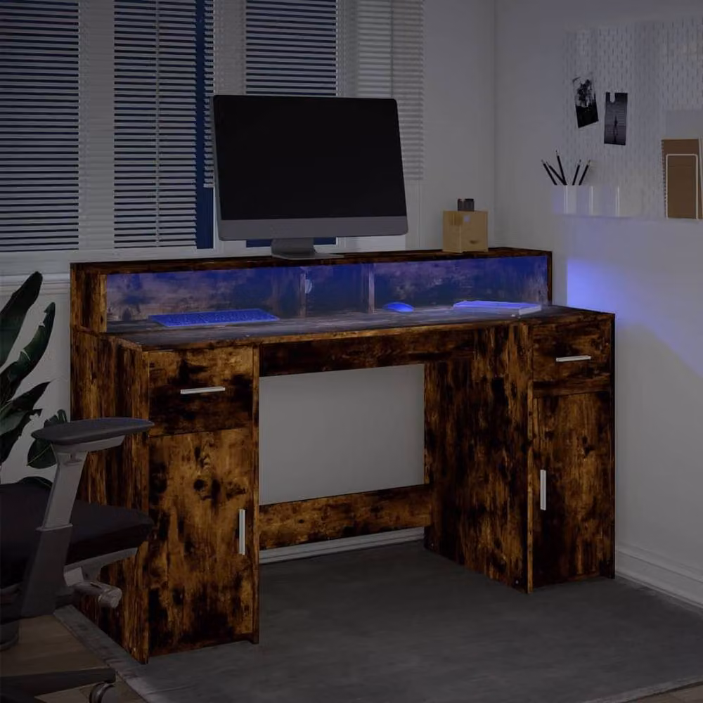 Berkfield Home Soft Gaming Desk with LED Lights in Smoked Oak Brown, W/D/H: 140 x 55 x 91 cm – 5