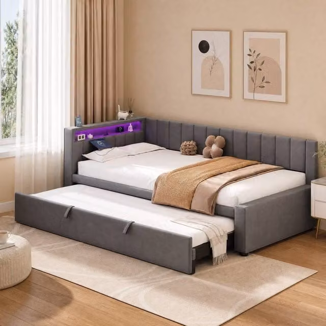 STILVORA Modern Single Bed Frame in Grey Velvet with Side Compartments, USB Charging Port and Under-bed Lighting, W/D/H: 90 x 190 cm – 1