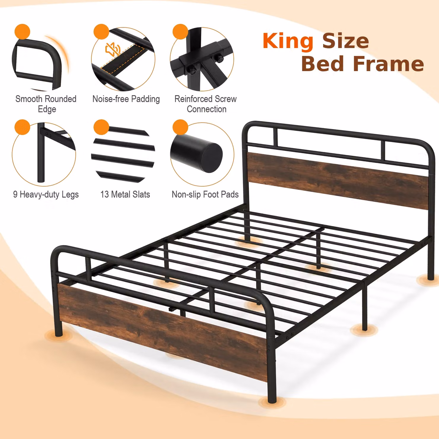Costway Industrial King Size Heavy-duty Platform Bed Frame in Brown – 5