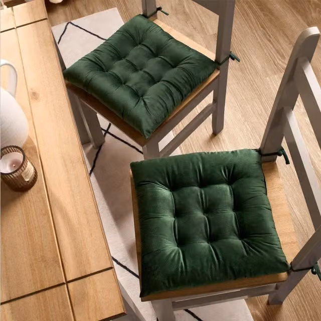 OHS Pack of 2 Green Matte Velvet Quilted Square Dining Chair Seat Pads with Removable Covers