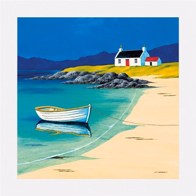 Anthony Barber Hebridean Fisherman's Cottage Mounted Paper Print in Blue and Multicolour
