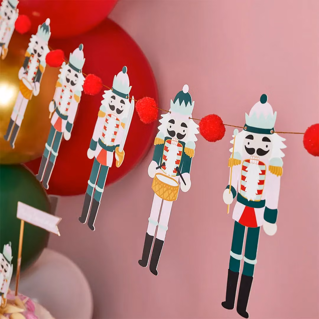 Club Green Nutcracker Pom Pom Card Party Garland, Green and Multicolour, 2m – 2