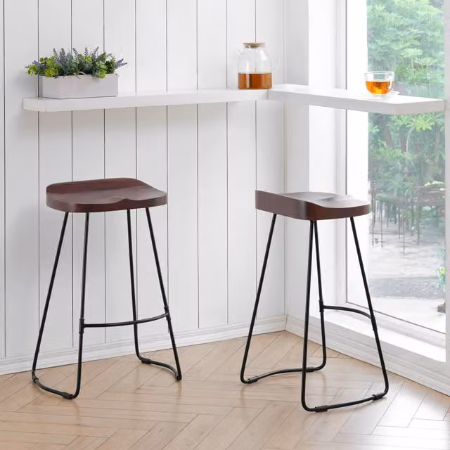 MH London Lara Saddle Solid Mango Wood Bar Stools in Brown with Metal Frame