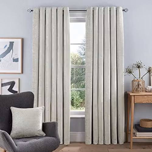 Smart Living Luxury Chenille Eyelet Lined Curtains, 2 Panels, Cream/Beige, Width: 117 cm, Drop: 137 cm – 1