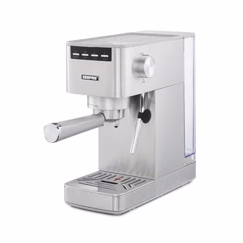 GEEPAS Espresso and Cappuccino Coffee Machine with Milk Frother, Silver, 15 Bar Pressure, 1.4 l Water Tank, 1450W with Thermoblock Heating and Pre-infusion