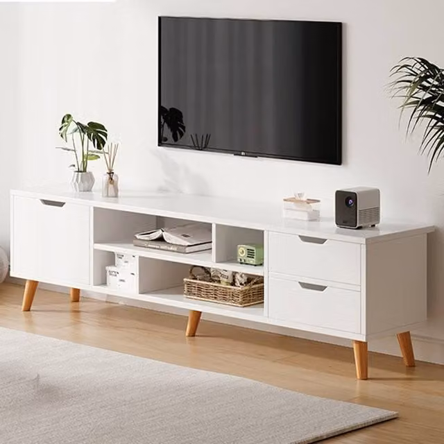 Havendro High Gloss White TV Stand Cabinet with 1 Door and 4 Shelves, W: 140.0 cm, D: 30.0 cm, H: 37.5 cm
