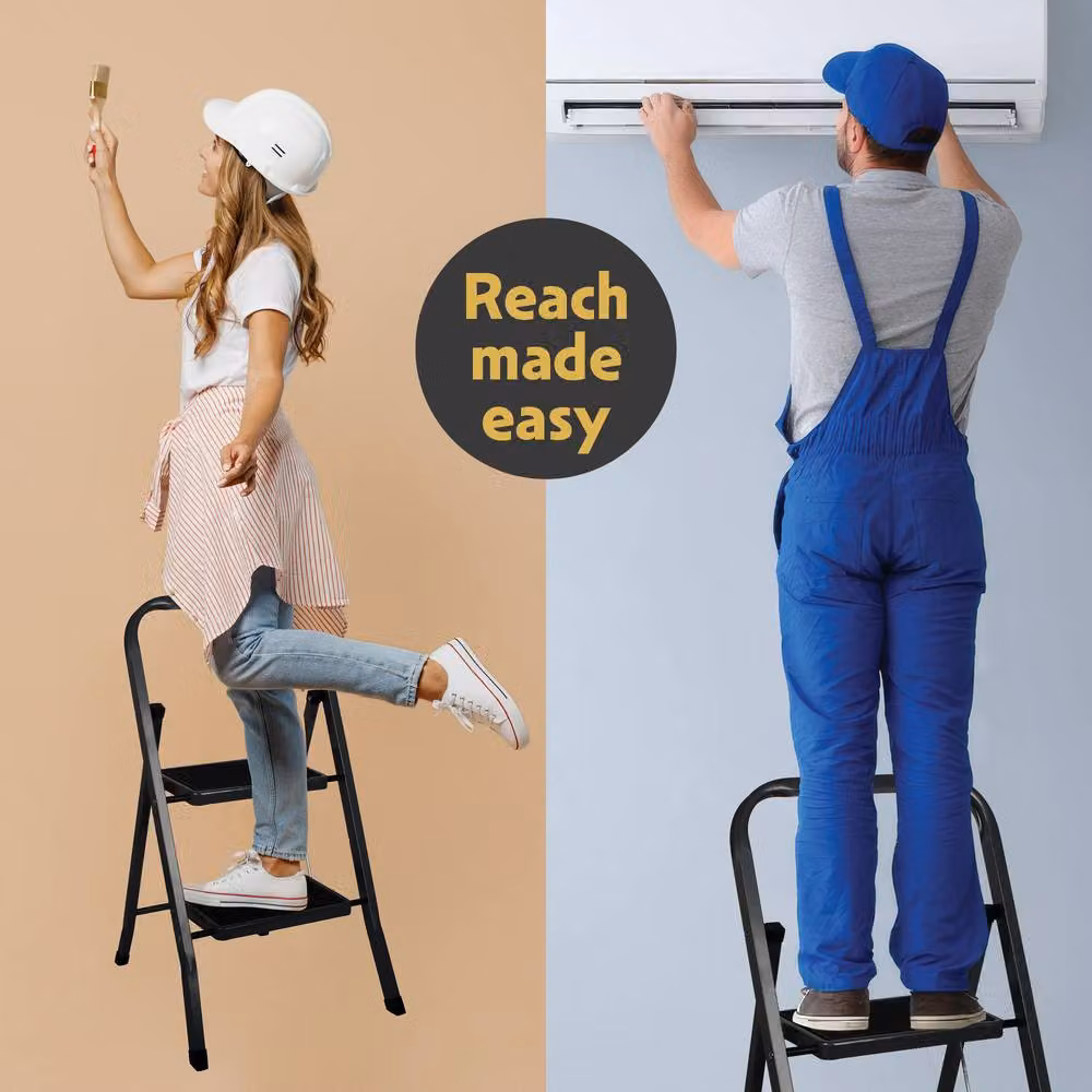 Futura 2 Step Black Heavy-Duty Steel Folding Step Ladder with Rubber Feet – 10