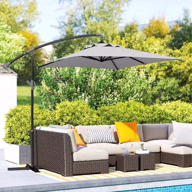 Outsunny 3 m Cantilever Banana Parasol with Crank Handle and 6 Ribs in Light Grey