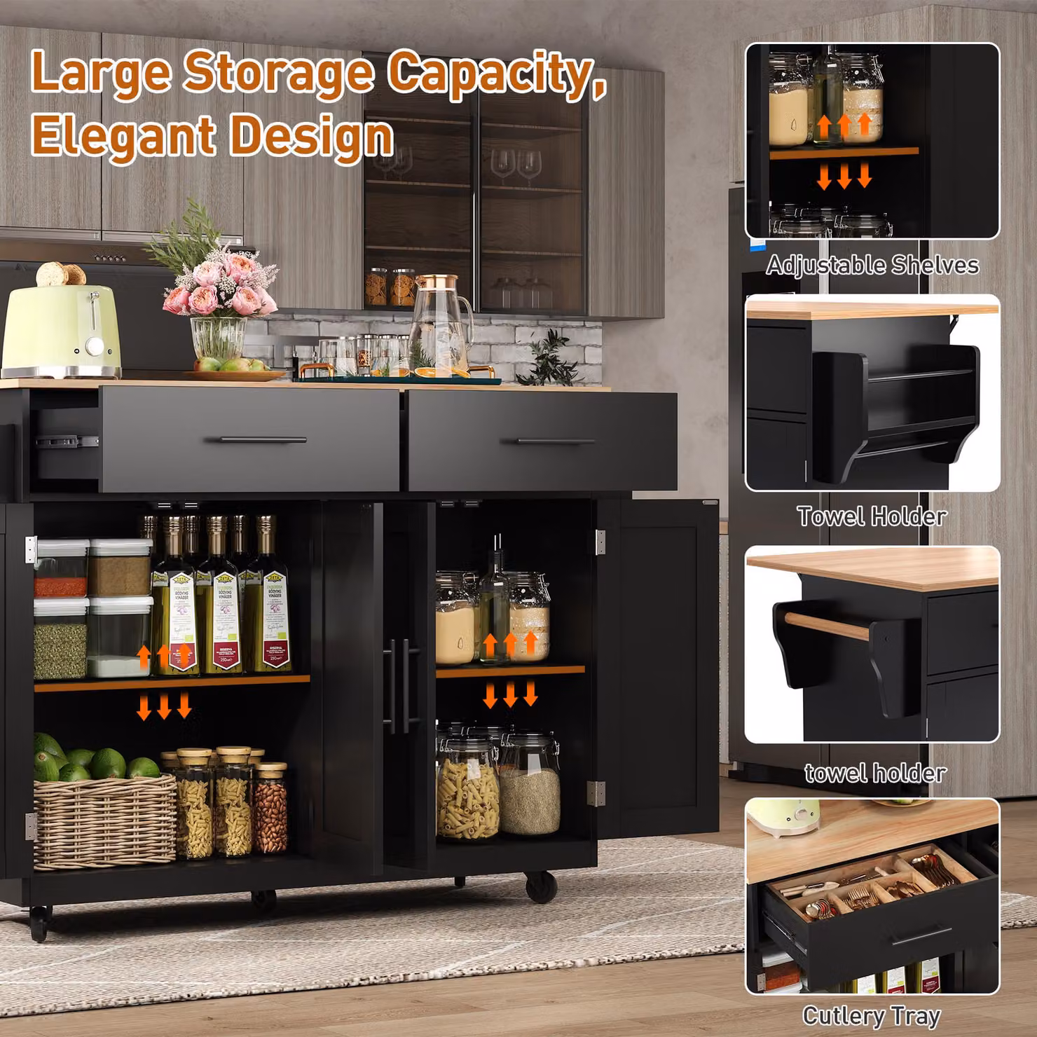 Aosom UK Contemporary Kitchen Storage Trolley with Foldable Dropleaf and Towel Holders, Black and Natural, W: 71 cm, D: 71 cm, H: 91.5 cm – 4