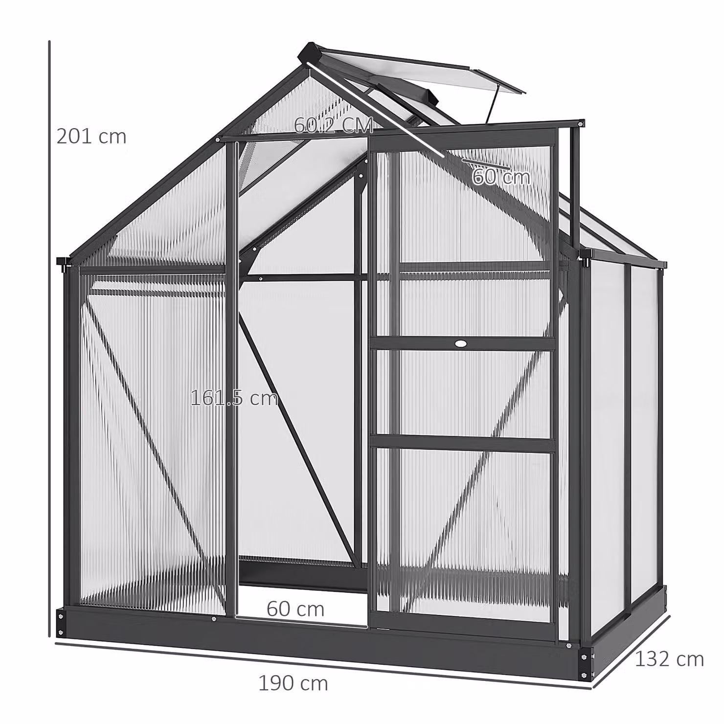 Outsunny Polycarbonate Greenhouse with Aluminium Frame and Galvanised Steel Base, Grey, W/D/H: 183 x 122 x 201 cm – 3