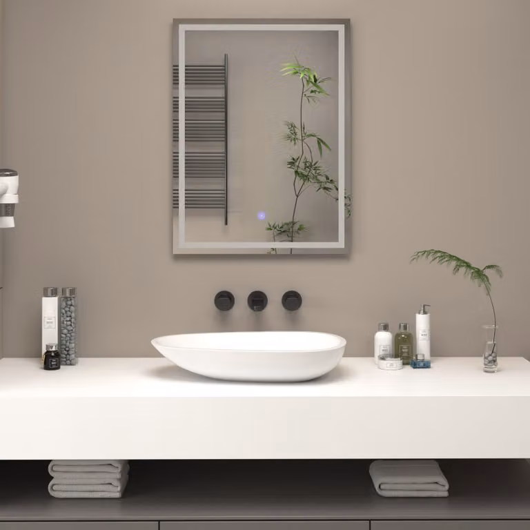 Royal Bathrooms Oslo Chrome Backlit LED Illuminated Frameless Rectangular Mirror with Demister Pad and Dimmable Touch Sensor in Silver and White